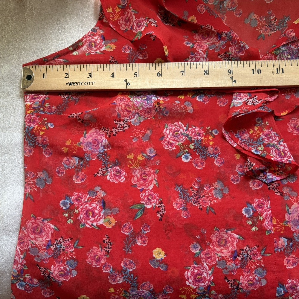 CABI Crush Floral Chiffon Shirt Women M Red Sheer Ruffle V Neck Sleeveless Top - Picture 6 of 11